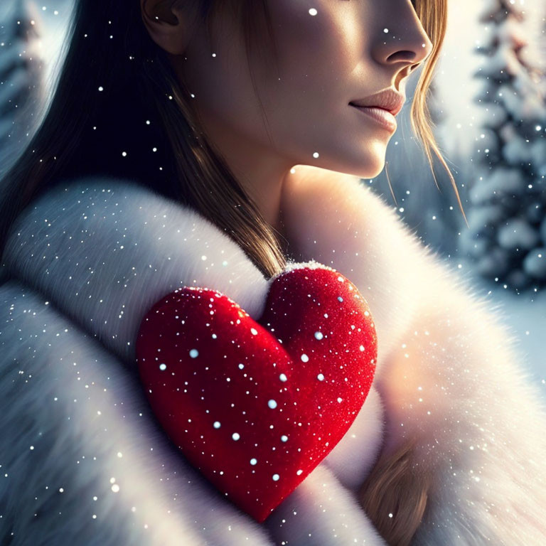 Person in White Garment Holding Glittering Red Heart in Winter Scene