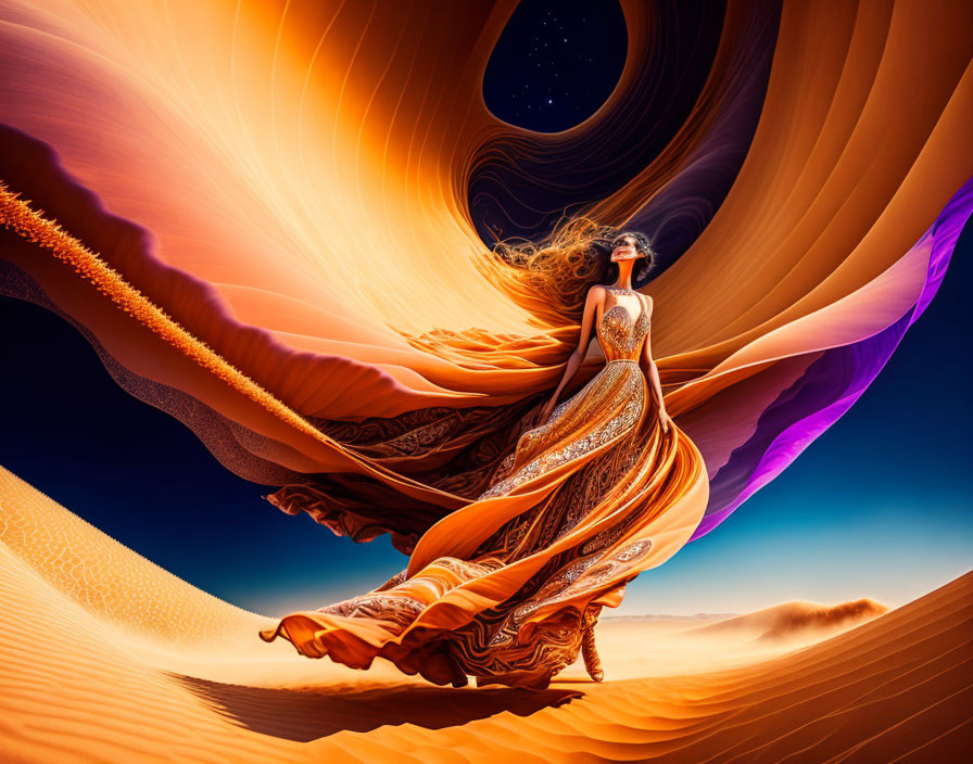 Surreal image: Woman in flowing gown merges with desert landscape