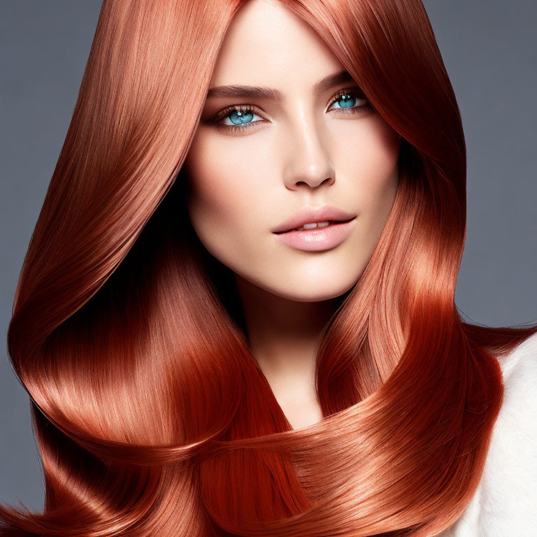 Woman with Long Copper Hair and Blue Eyes: Smooth Flowing Hair, Fair Complexion, Subtle