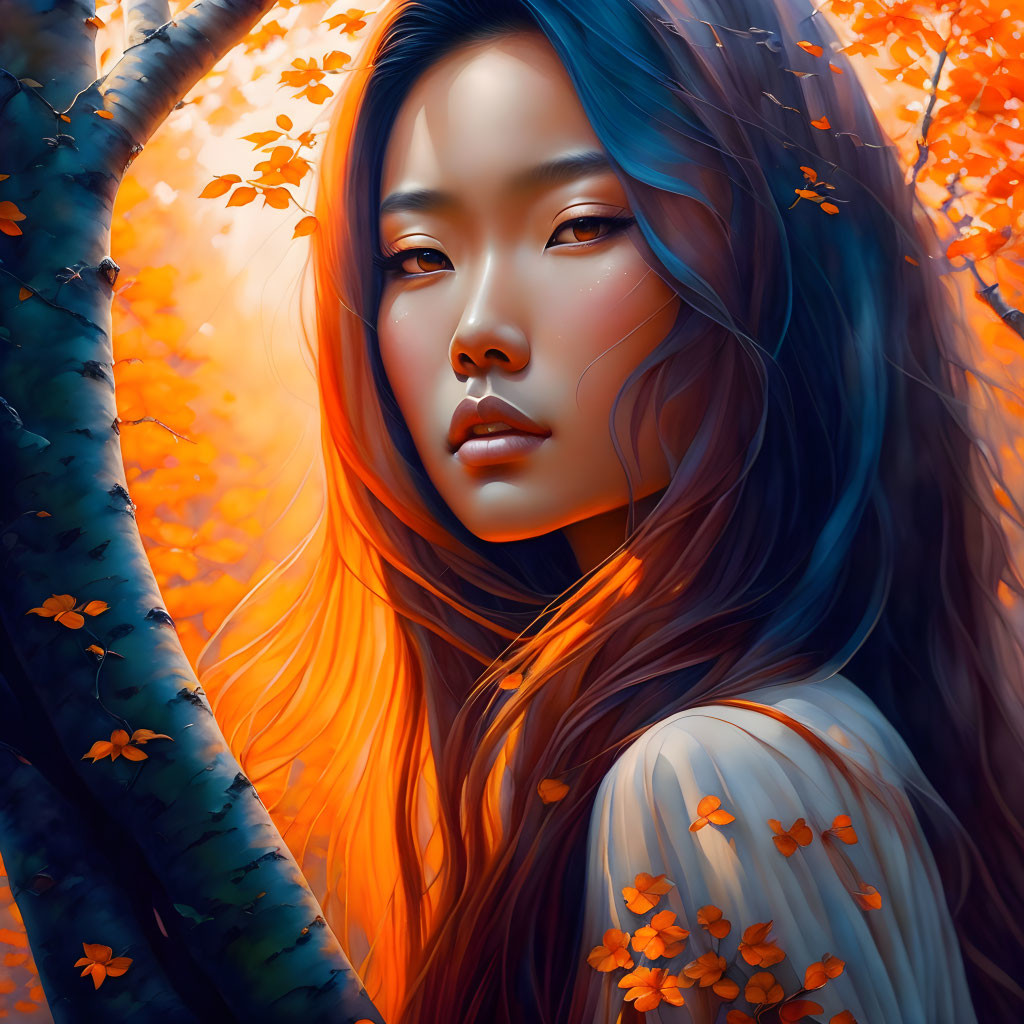 Digital artwork of woman with long hair in vibrant autumn setting