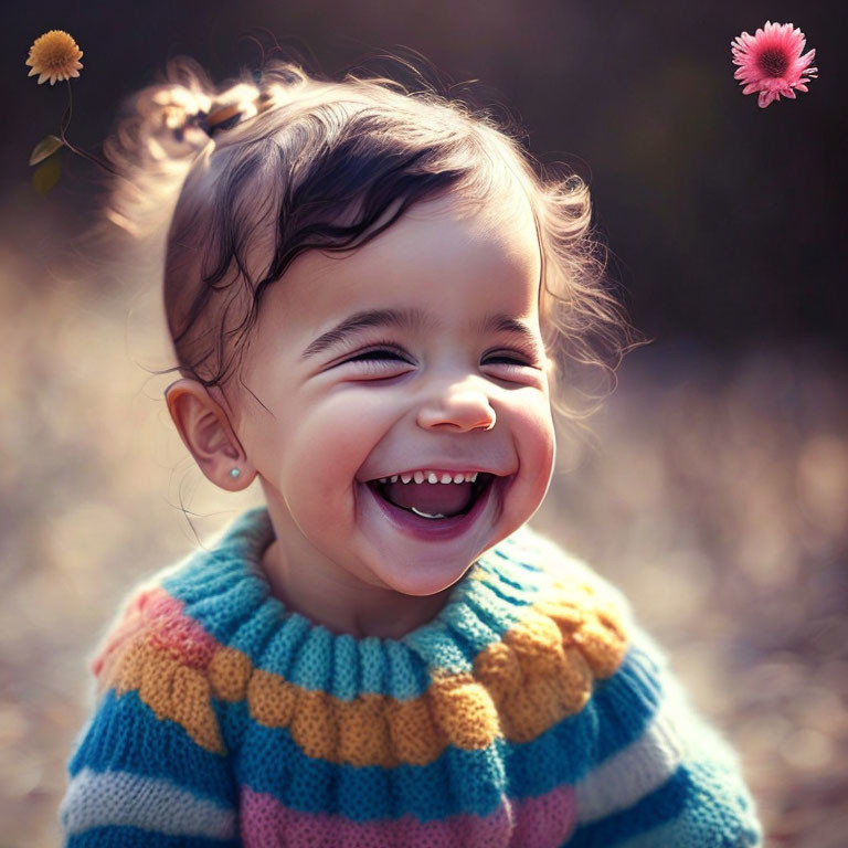 Smiling toddler in colorful sweater with flowers.