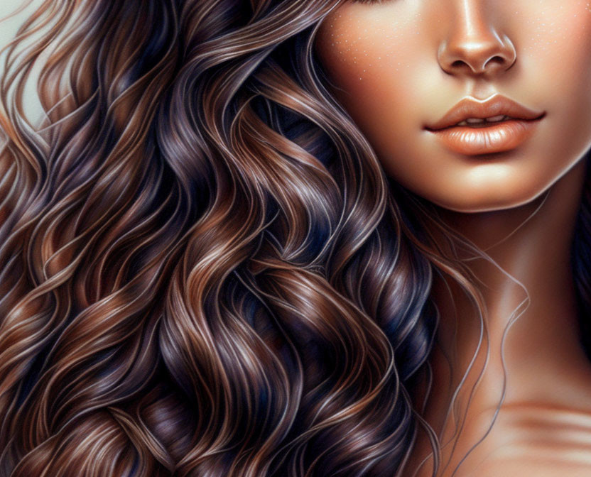 Detailed digital artwork: Woman with voluminous brown wavy hair and realistic skin texture.