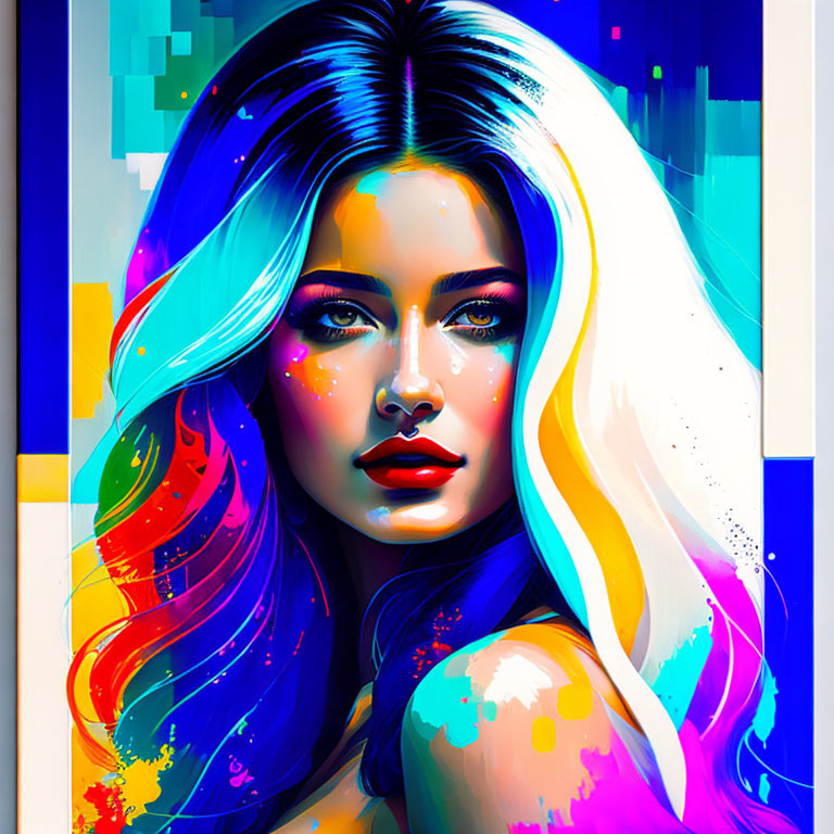 Vibrant digital artwork: woman with multicolored hair and blue eyes on abstract background