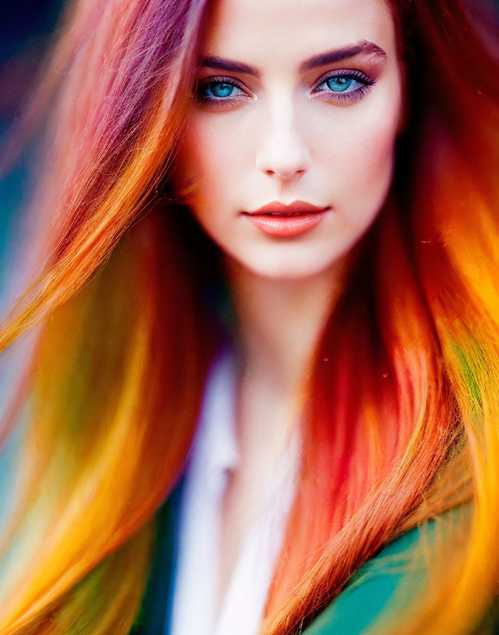 Striking Blue Eyes and Multicolored Hair in Vibrant Background