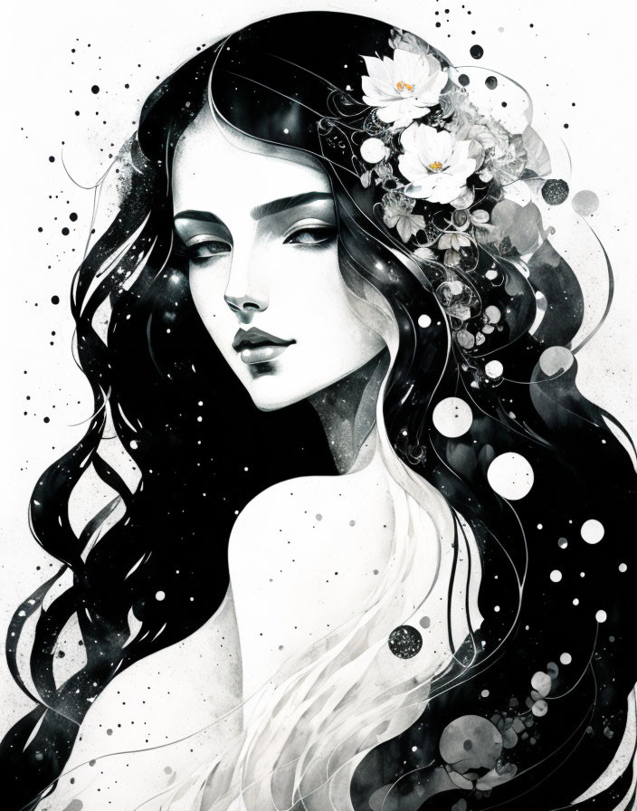 Monochrome illustration of woman with floral hair in abstract setting