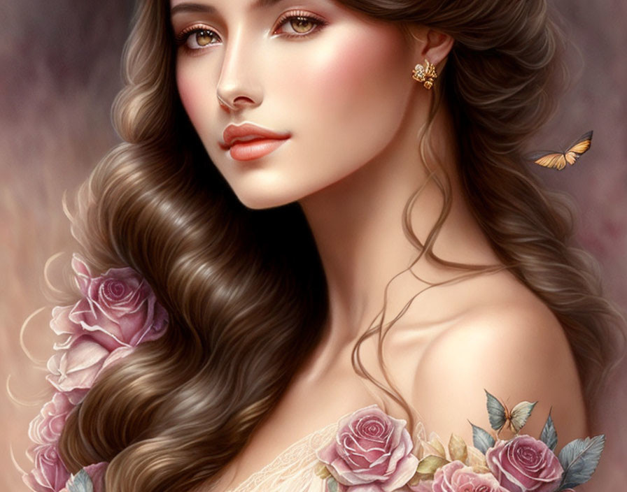 Digital artwork: Woman with long wavy hair, roses, and butterfly in soft, romantic style