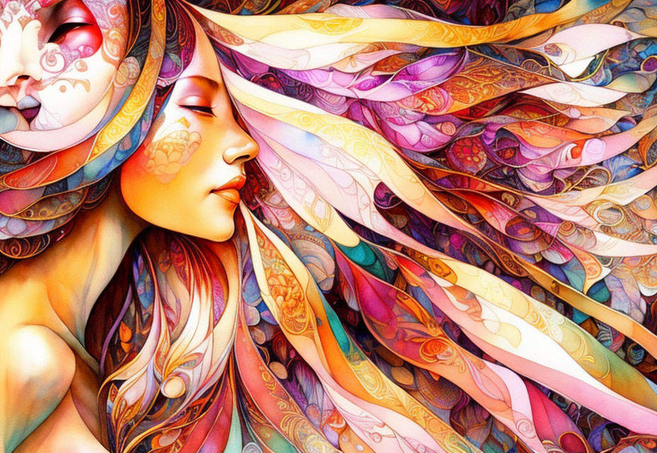 Colorful Artwork: Stylized Woman with Flowing Hair and Patterns