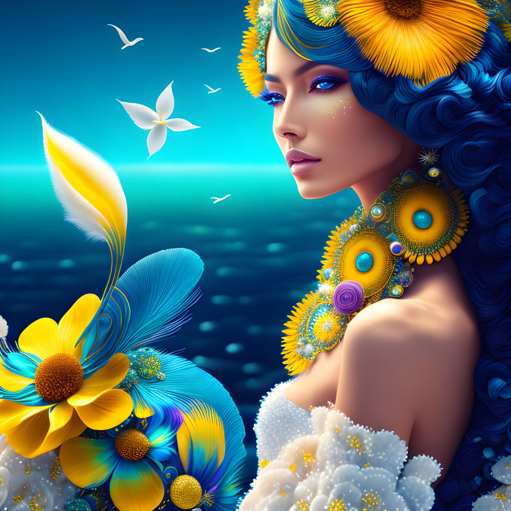 Detailed illustration of woman with blue hair and yellow flowers, feathers, ocean backdrop.