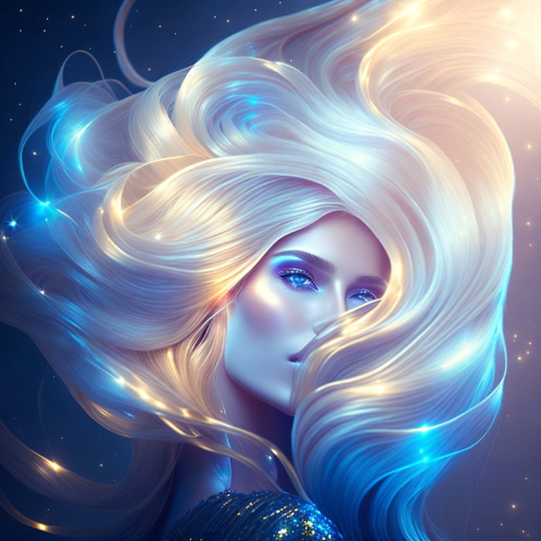 Digital illustration of woman with white hair and blue skin in starry setting