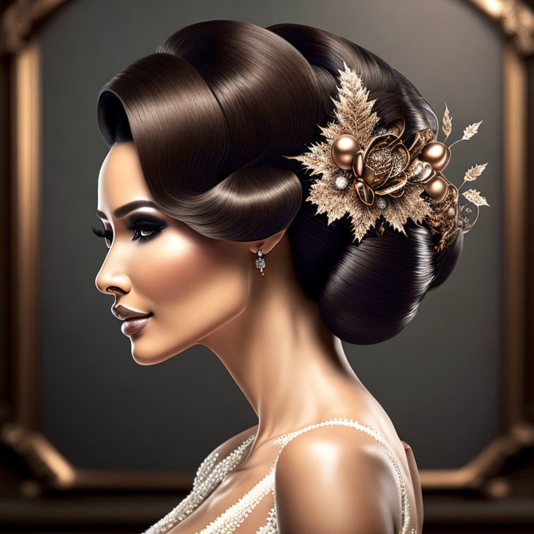 Woman with elegant updo, gold leaf hair accessories, pearl earrings, strap dress on brown backdrop