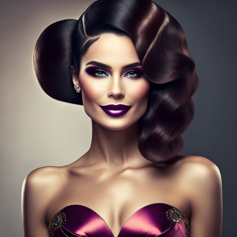 Elaborate Hairstyle and Vibrant Purple Makeup Portrait