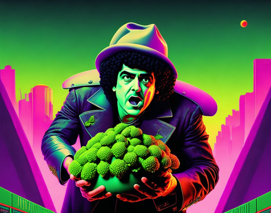 Vibrant illustration: Person with grapes, neon cityscape, surreal sky