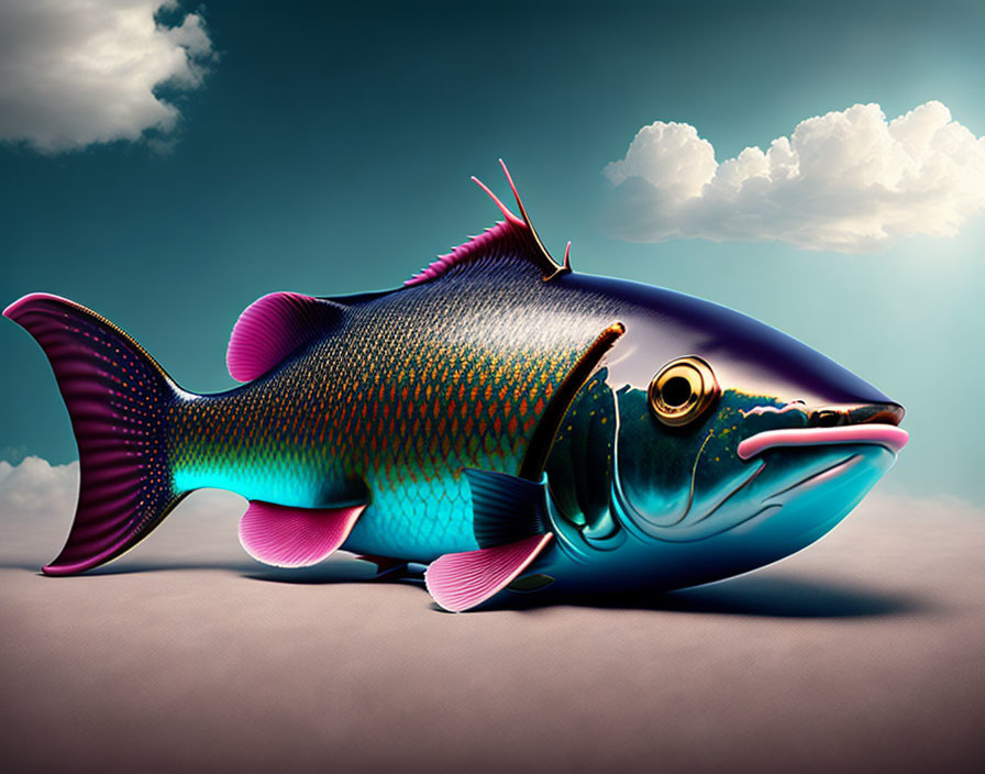 Colorful Rainbow Fish with Exaggerated Features on Blue Background