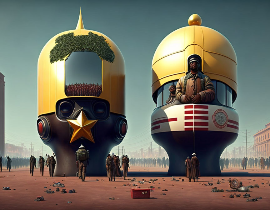 Two oversized military helmet-shaped structures on a desolate plaza with a green tree and a striped sitting man