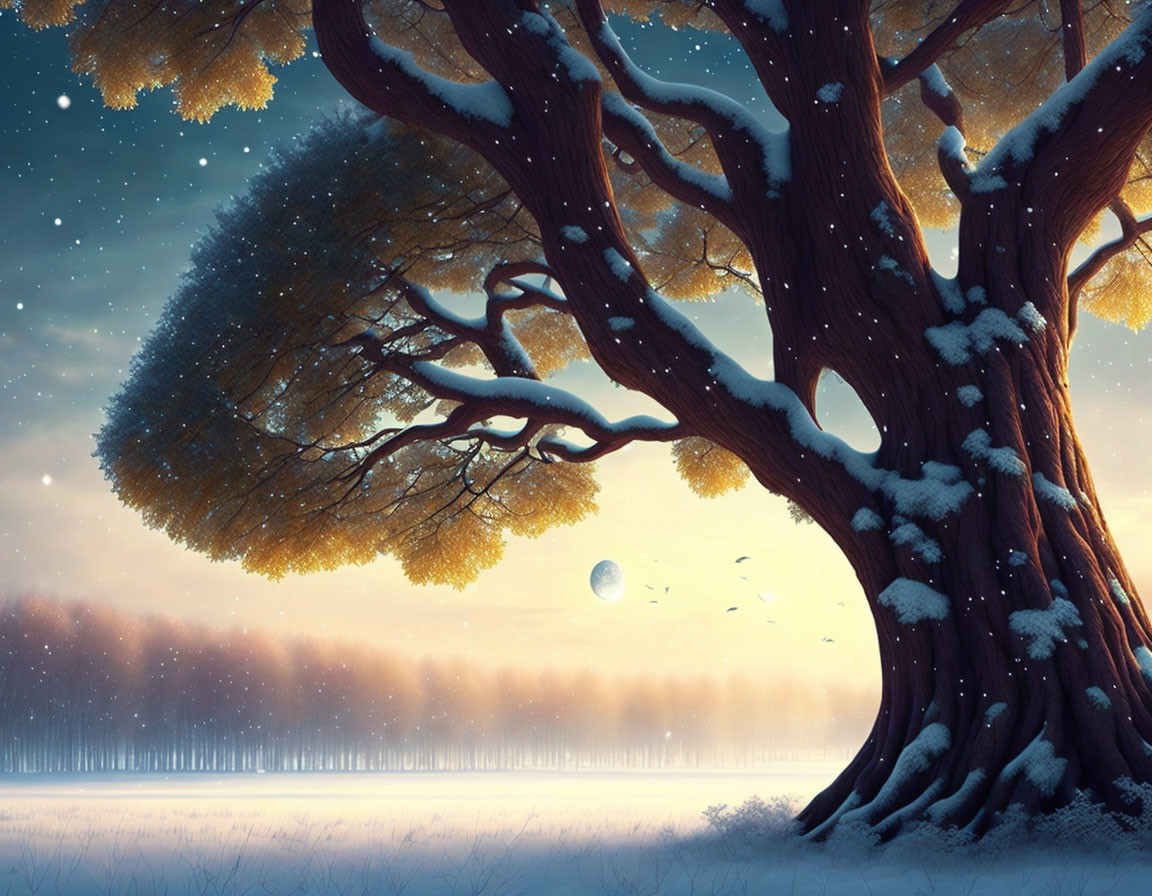 Snowy Winter Landscape with Tree, Falling Snow, and Glowing Moon