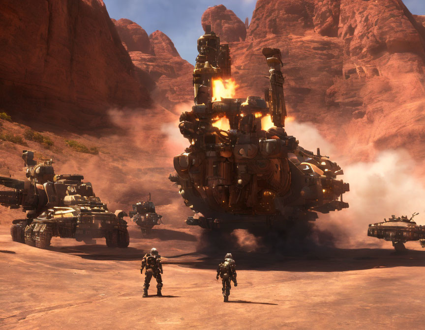 Soldiers and armored vehicles near flaming structure in desert landscape