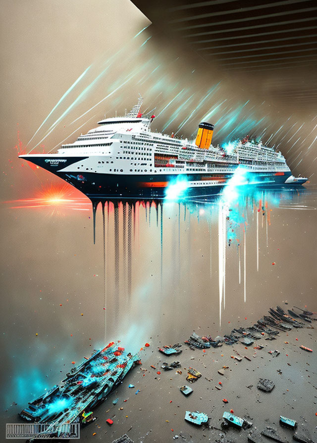 Surreal cruise ship hovering over post-apocalyptic landscape