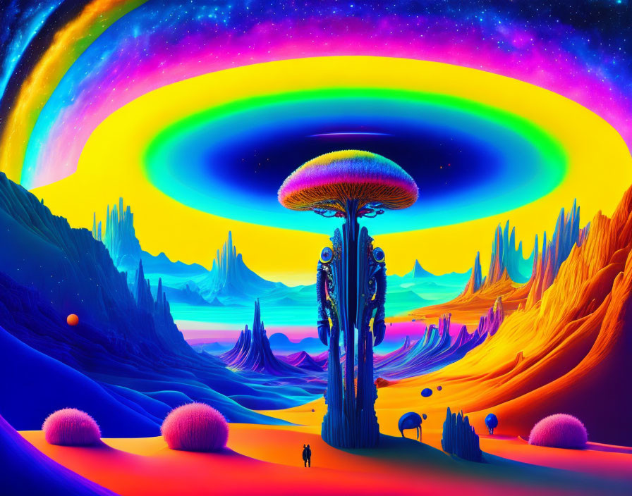 Colorful psychedelic landscape with mushroom tower and tiny human figure