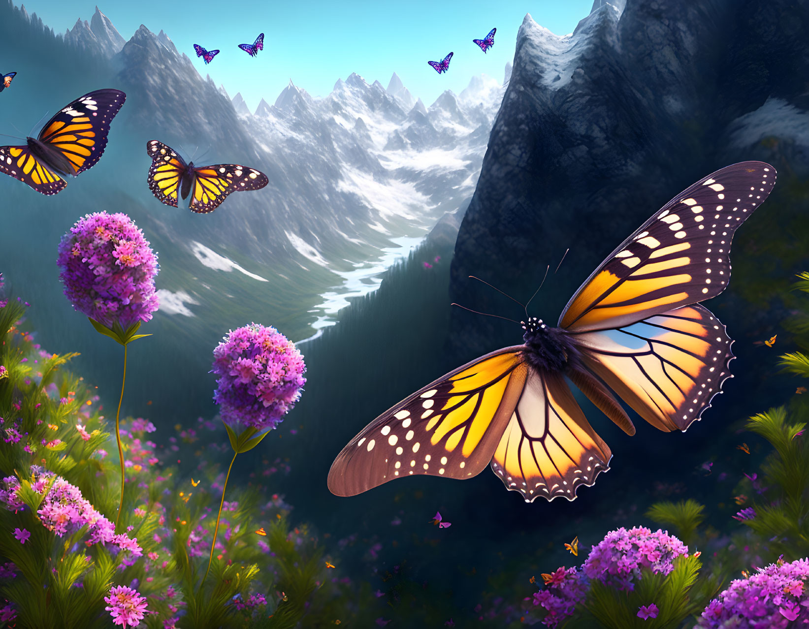 Orange Butterfly on Pink Flowers with Mountains and Smaller Butterflies