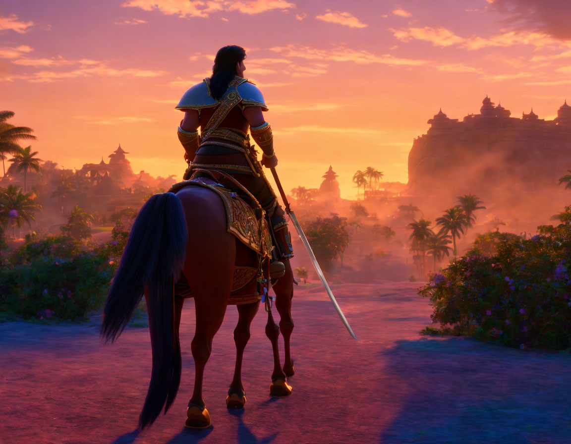 Golden-armored warrior on horseback in mystical purple landscape at sunset