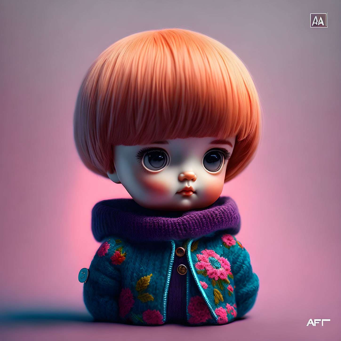 Digital Illustration: Doll with Big Eyes, Orange Haircut, Teal Sweater