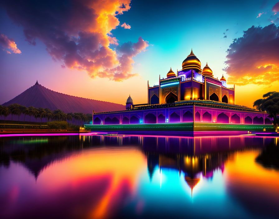 Colorful sunset over traditional Indian palace and water reflection