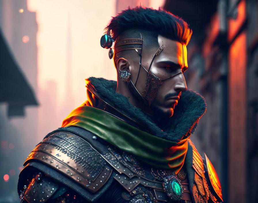 Futuristic warrior with cybernetic enhancements in stylized armor and green cloak before orange-lit