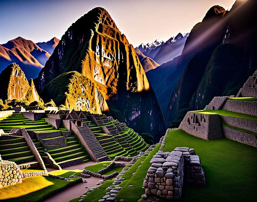 Ancient stone structures and lush mountains of Machu Picchu in sunlight