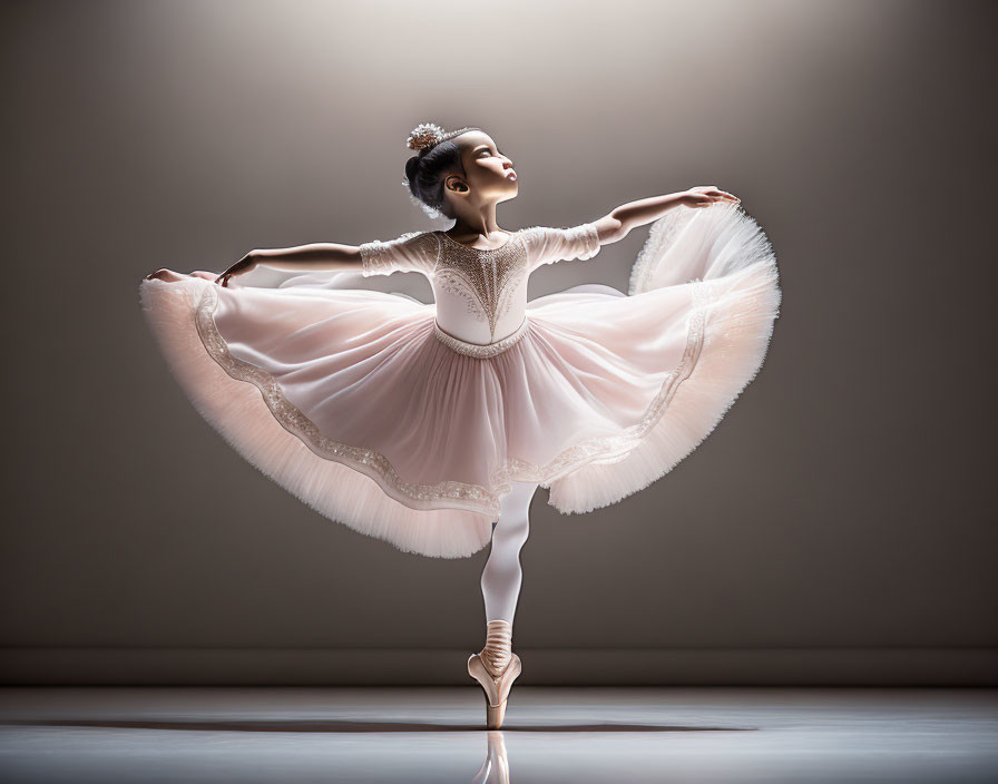 Ballet dancer in pink tutu on pointe with outstretched arms