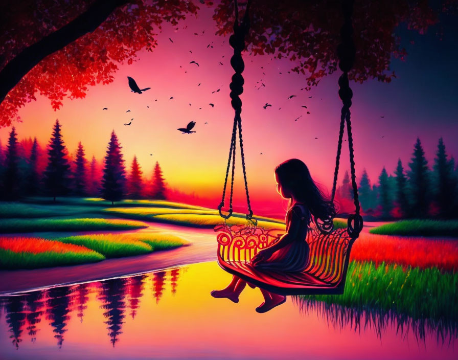 Silhouette of girl on swing at sunset with colorful water and birds.