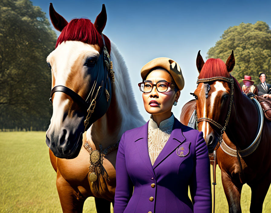 Stylish Woman in Purple Suit with Horses in Sunny Field