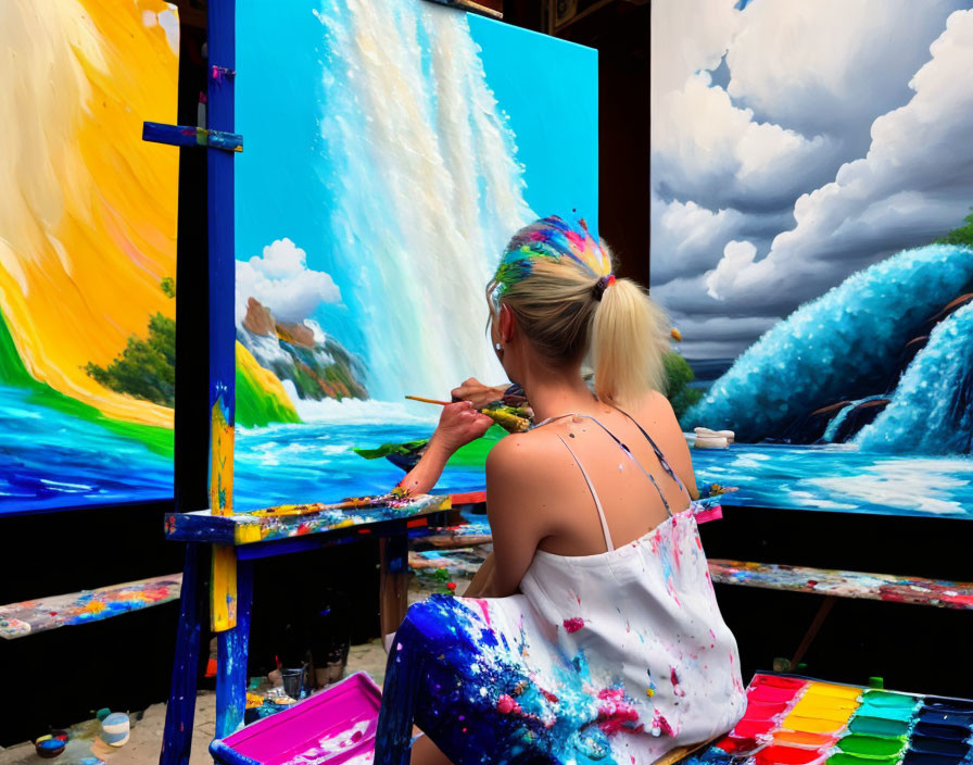 Vibrant waterfall painting with art supplies and colorful canvases