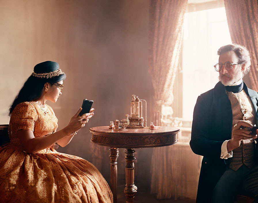 Vintage-dressed woman and man in period attire with smartphones in antique room