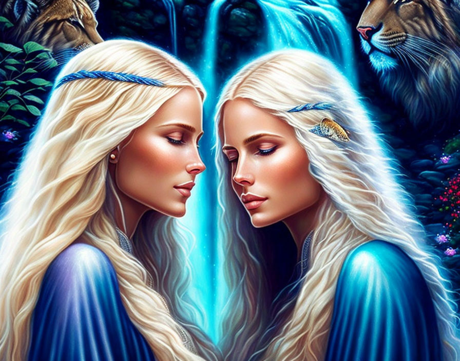 Twin elven women with blonde hair and circlets, lions, waterfall, lush foliage