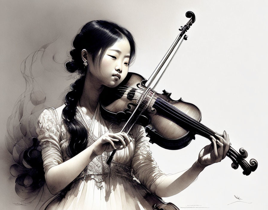 Monochrome illustration of young girl playing violin