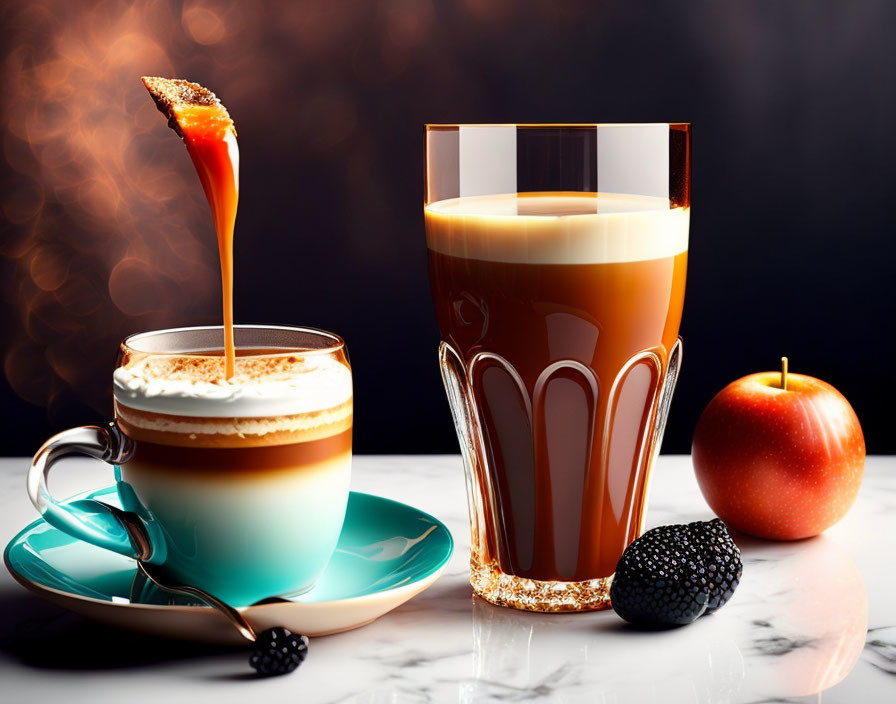 Layered Coffee Drinks with Apple and Blackberry on Dark Background