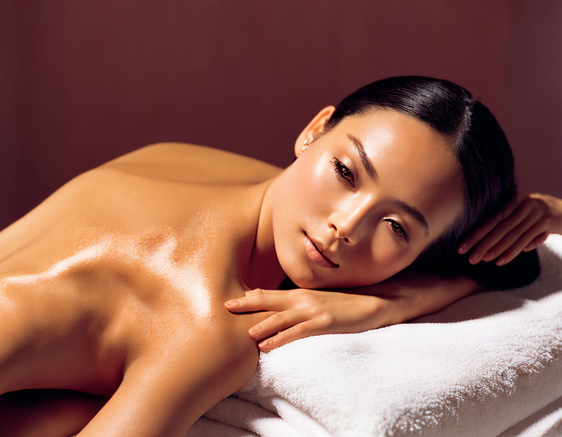 Serene woman with glowing skin lying on white towel against warm backdrop