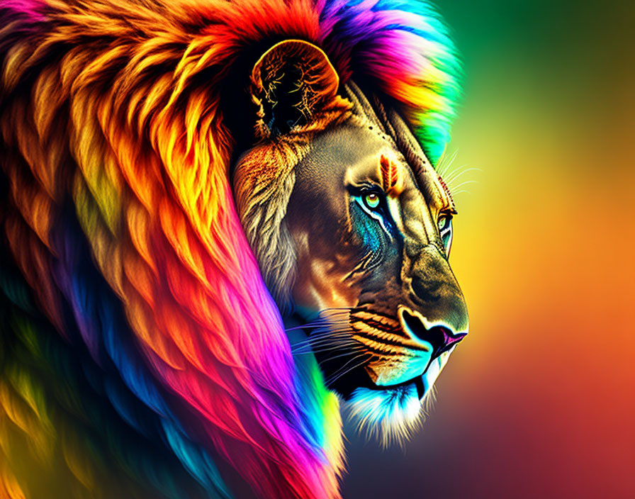 Colorful Lion with Rainbow Mane on Multicolored Background