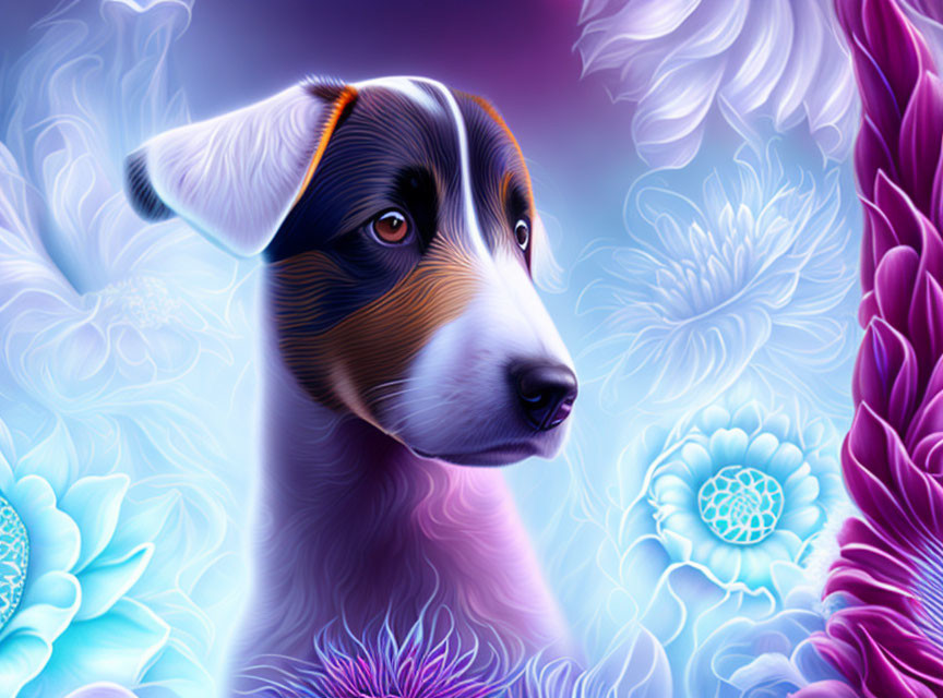 Colorful Digital Illustration: Tri-Color Dog Among Vibrant Flowers