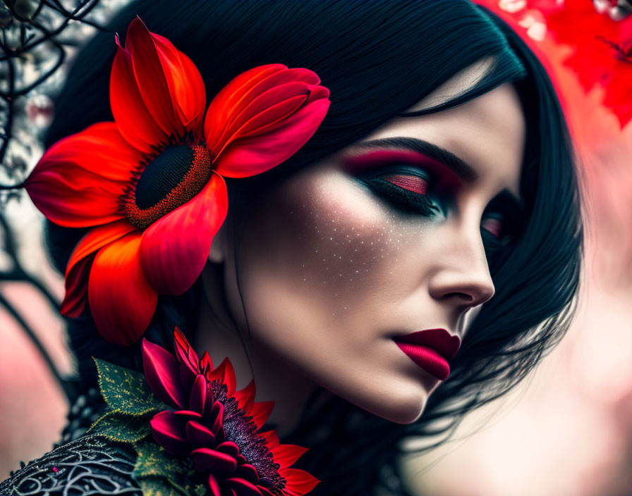 Vibrant portrait of a woman with red makeup and floral hair accessories