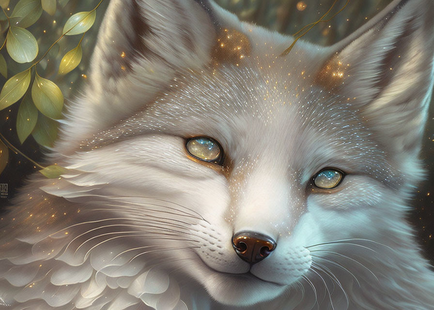 Mystical white fox with blue eyes in golden leaves and white feathers