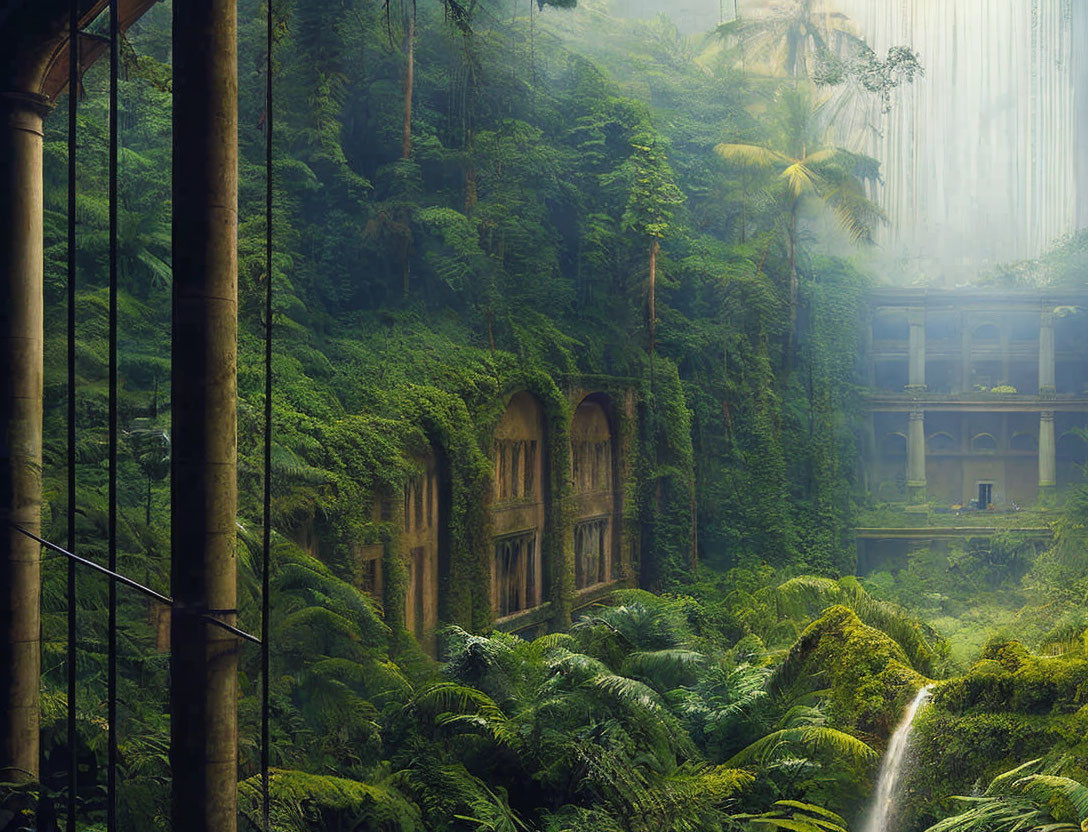 Abandoned architecture reclaimed by lush forest in misty setting