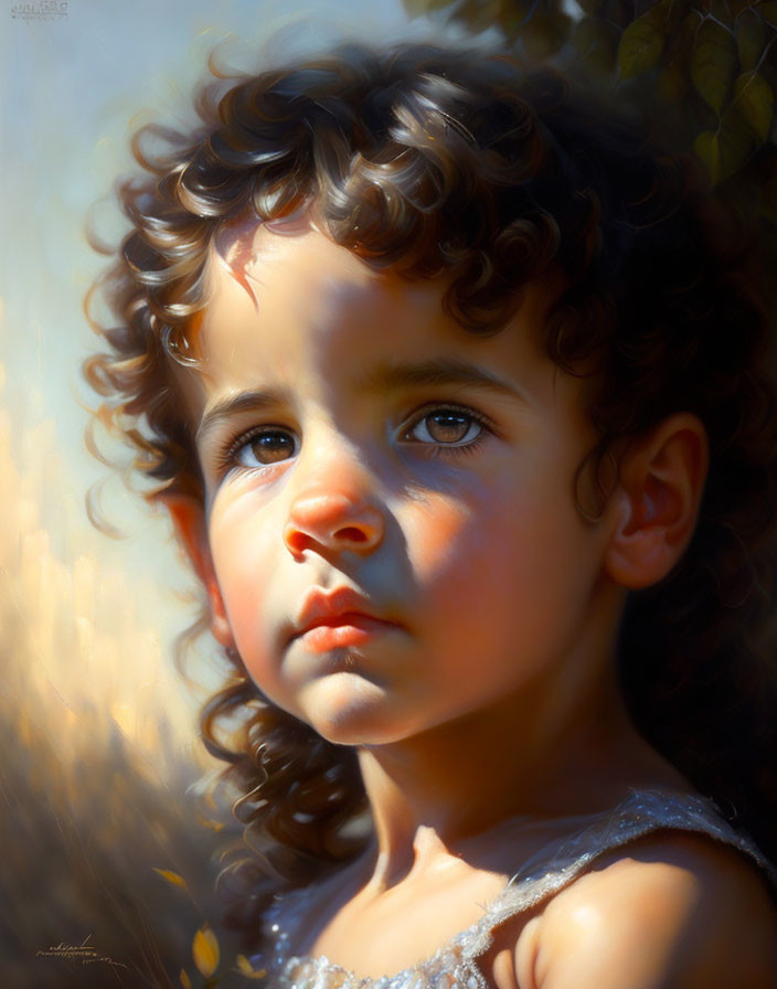 Portrait of young child with curly hair and expressive eyes in warm light against nature backdrop