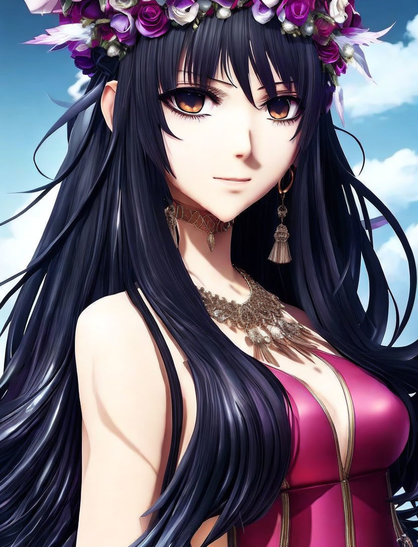 Long black hair, golden eyes, pink dress, floral crown, necklace