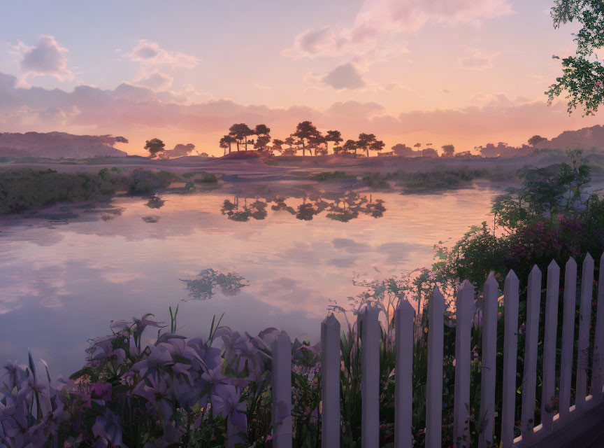 Tranquil river at sunset with silhouetted trees, picket fence, and purple flowers