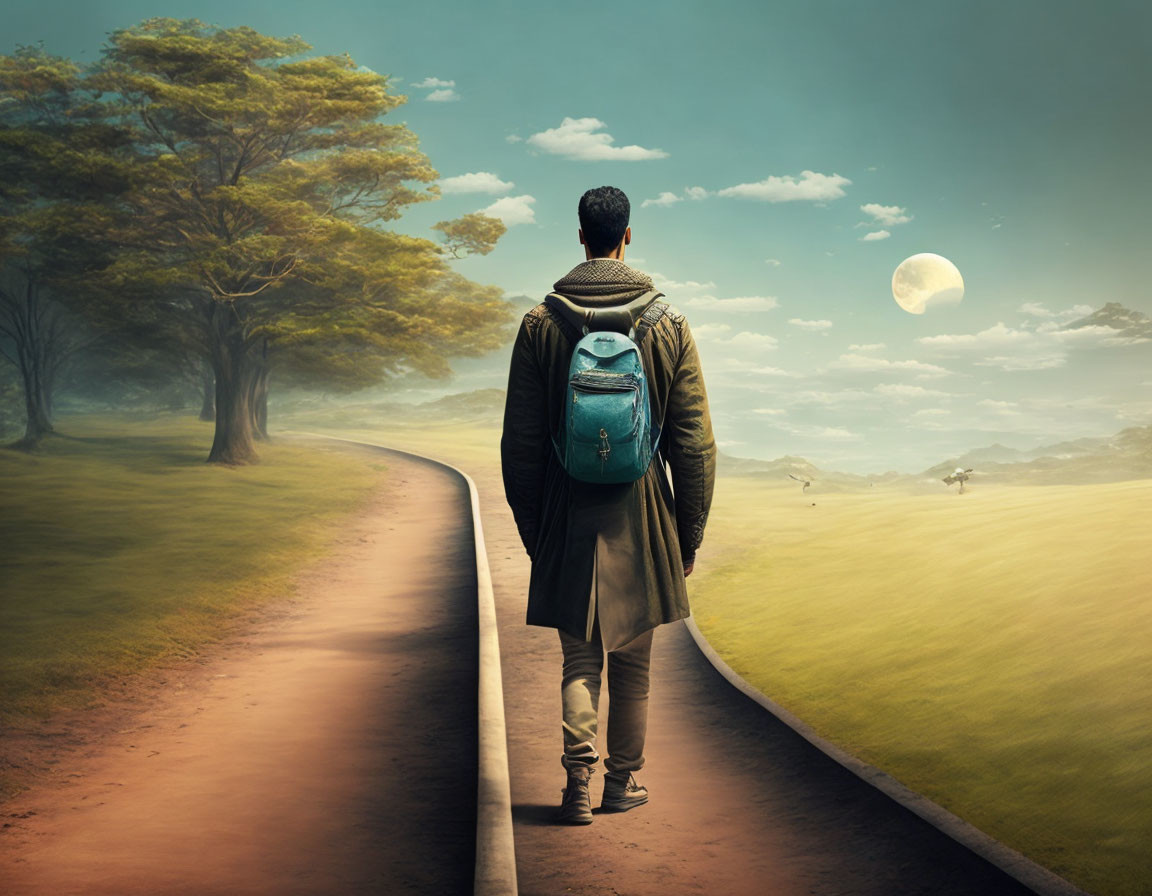 Person on winding path in surreal landscape with trees, sky, and moon