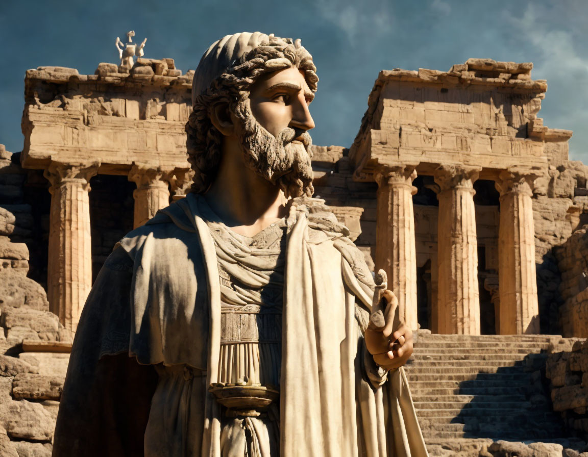 Bearded male figure in classical attire with temple and blue sky.