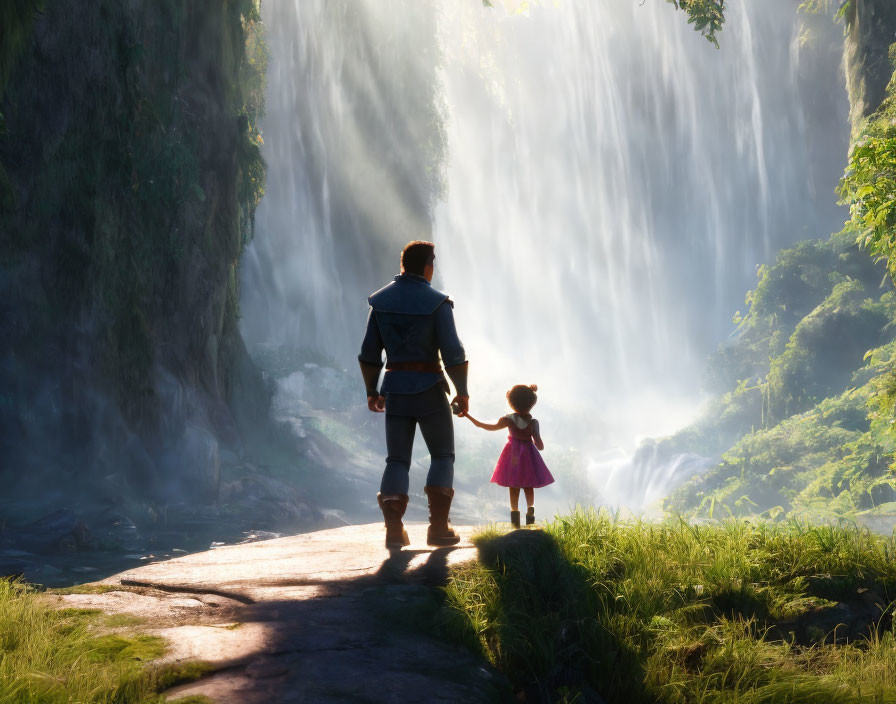 Adult and child at majestic waterfall in misty forest