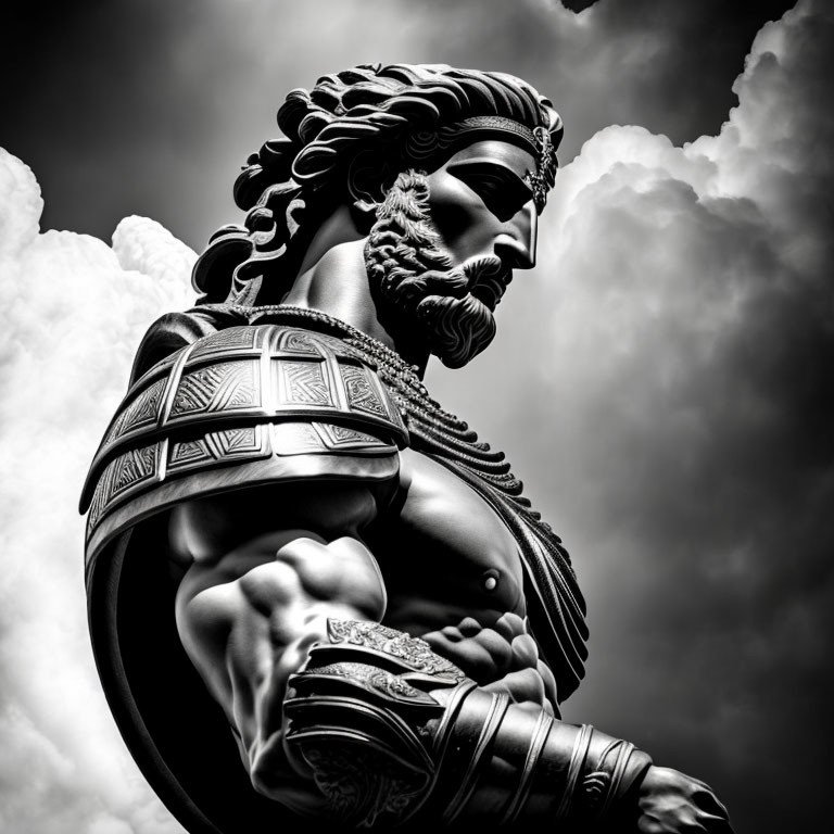 Monochrome sculpture of warrior with intricate beard and armor under stormy sky