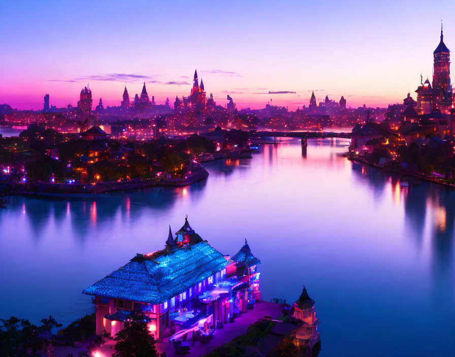 Vibrant cityscape at dusk: illuminated buildings, tranquil river, architectural silhouettes.